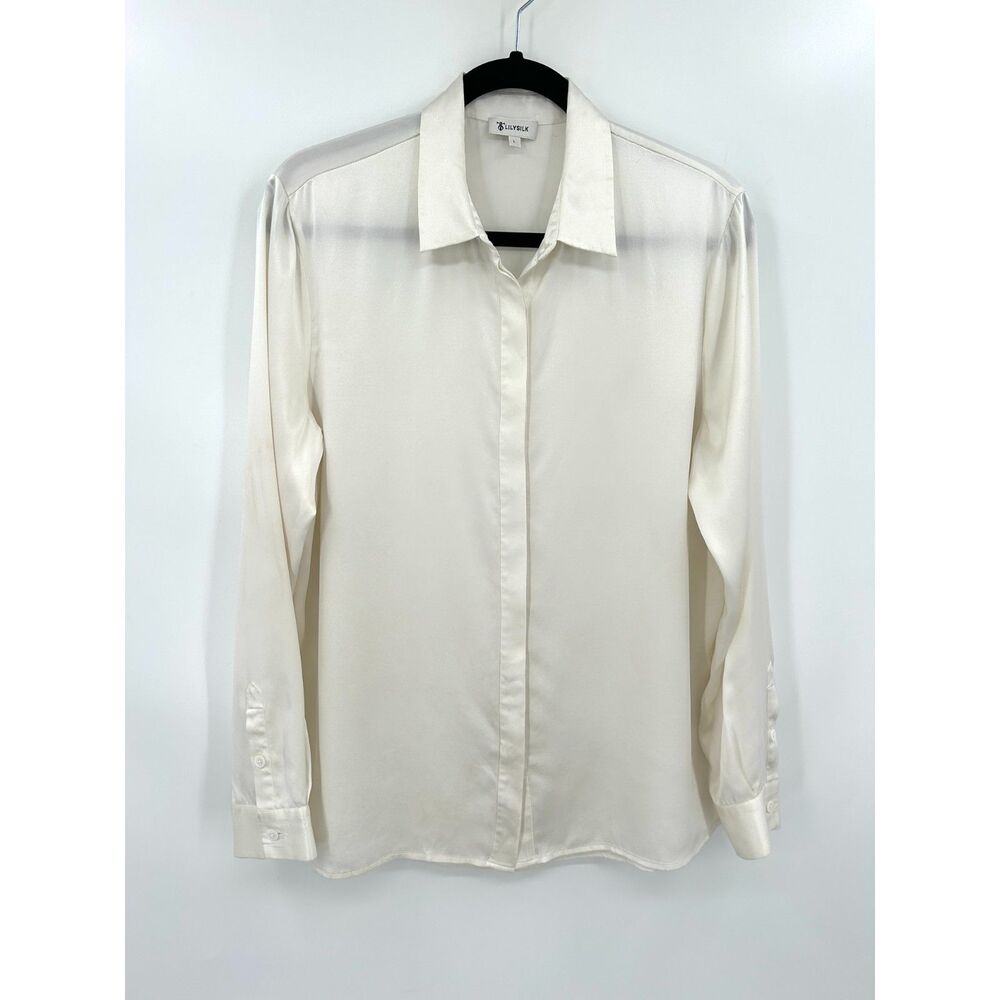 LILYSILK *Flawed* 100% Mulberry Silk White Long Sleeve Button Down Blouse Size L